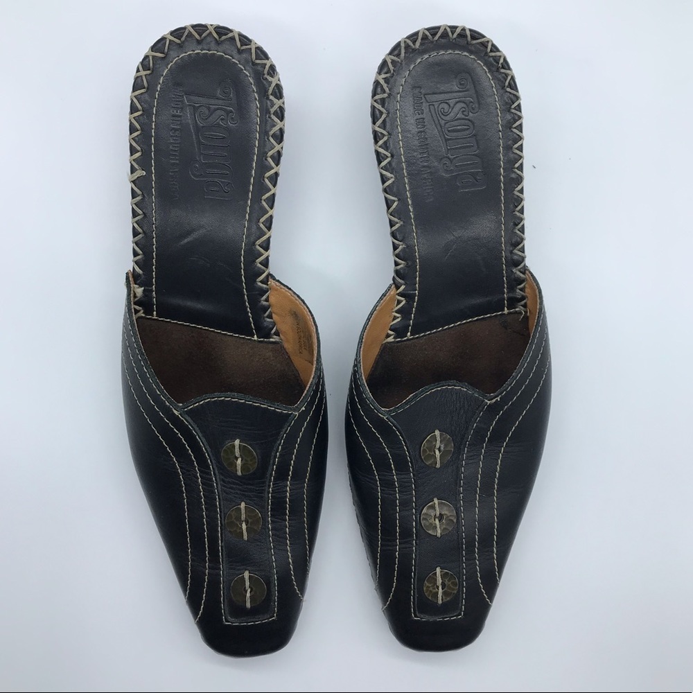 Tsonga Leather Mule Slides Black 38 US 7.5 Made in South Africa 2" Heel Brown